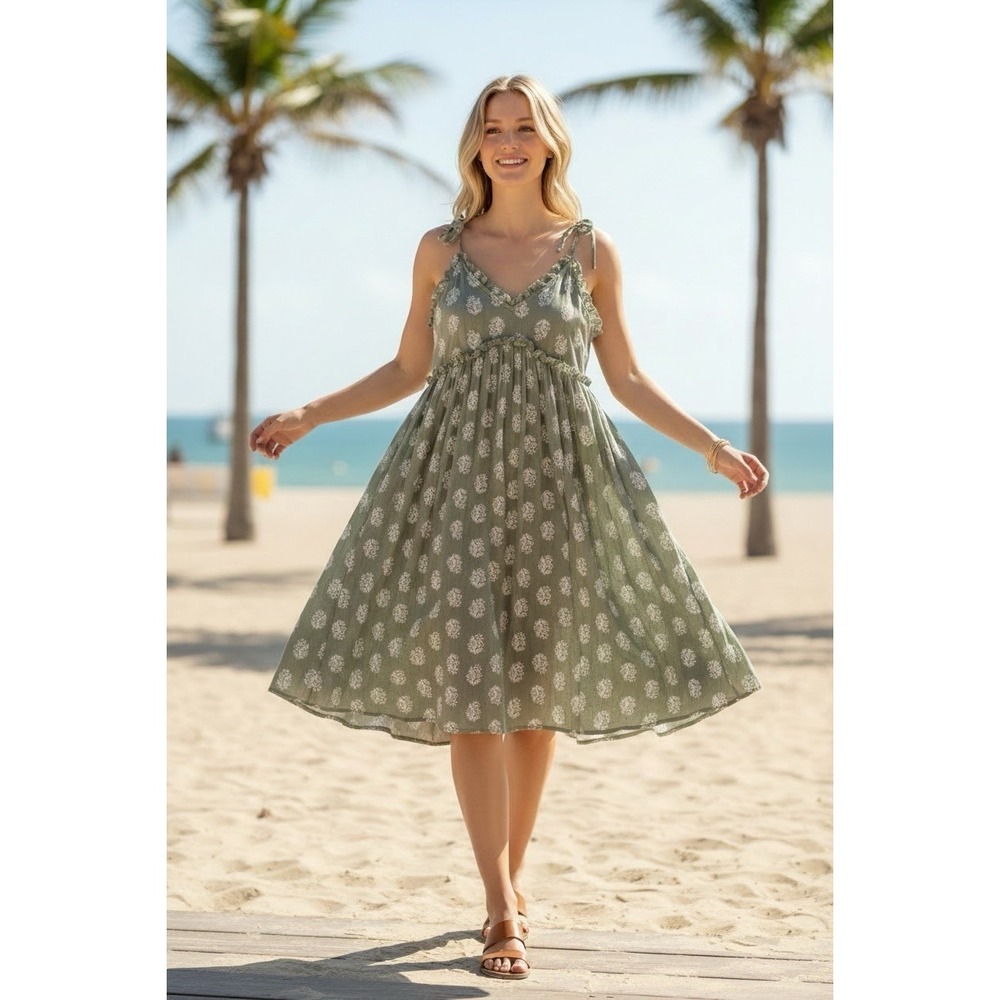 NWT Patrons of Peace Dusty Sage Floral Tie Strap Babydoll Dress M Flowy Swing
